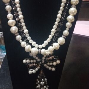 Elegant Pearl and Black Necklace with Bow Pendant.Two For One.